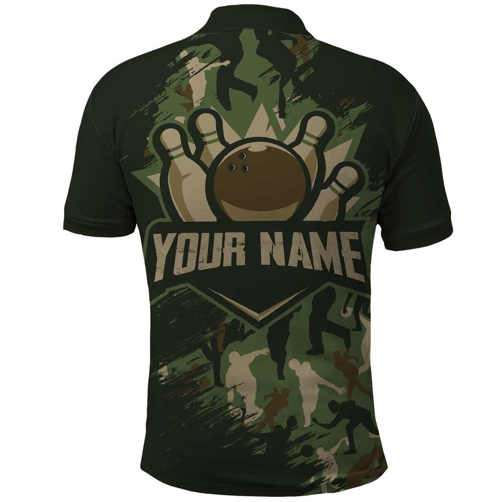 Bowling Camouflage Pattern Polo Shirt with Ball and Pins Graphic in Army Green and Beige Brushstroke Design - Wonder Print Shop