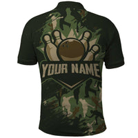 Bowling Camouflage Pattern Polo Shirt with Ball and Pins Graphic in Army Green and Beige Brushstroke Design - Wonder Print Shop