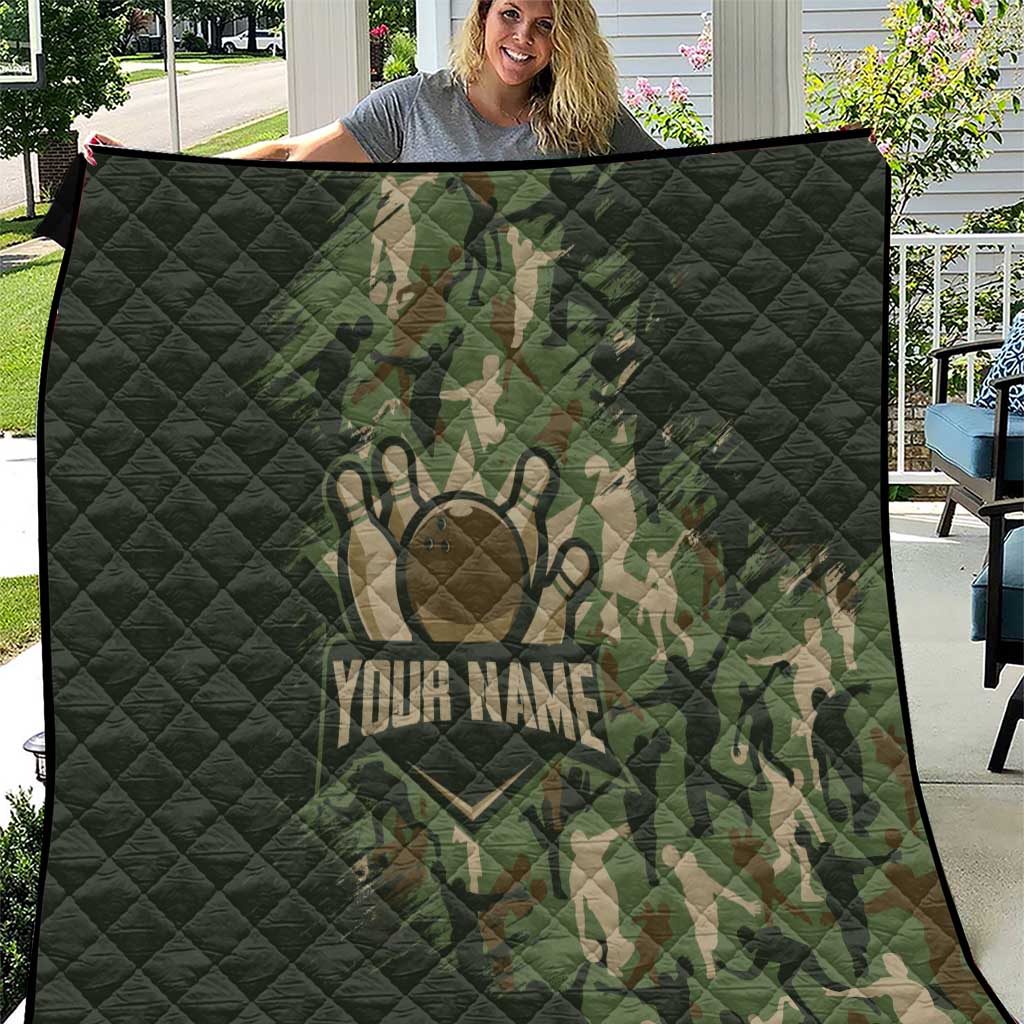 Bowling Camouflage Pattern Quilt with Ball and Pins Graphic in Army Green and Beige Brushstroke Design - Wonder Print Shop