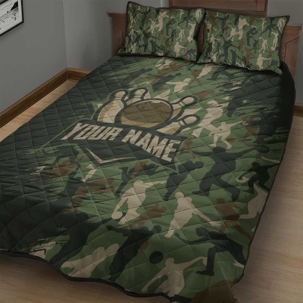 Bowling Camouflage Pattern Quilt Bed Set with Ball and Pins Graphic in Army Green and Beige Brushstroke Design - Wonder Print Shop