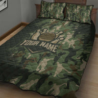 Bowling Camouflage Pattern Quilt Bed Set with Ball and Pins Graphic in Army Green and Beige Brushstroke Design - Wonder Print Shop