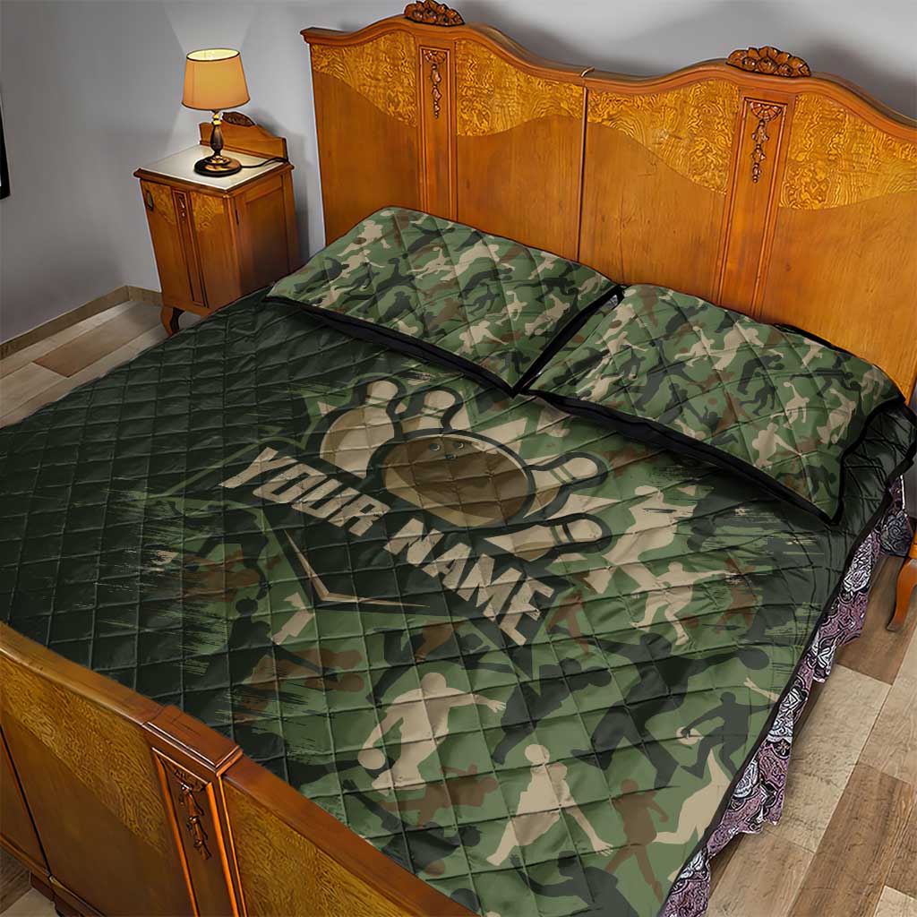 Bowling Camouflage Pattern Quilt Bed Set with Ball and Pins Graphic in Army Green and Beige Brushstroke Design - Wonder Print Shop