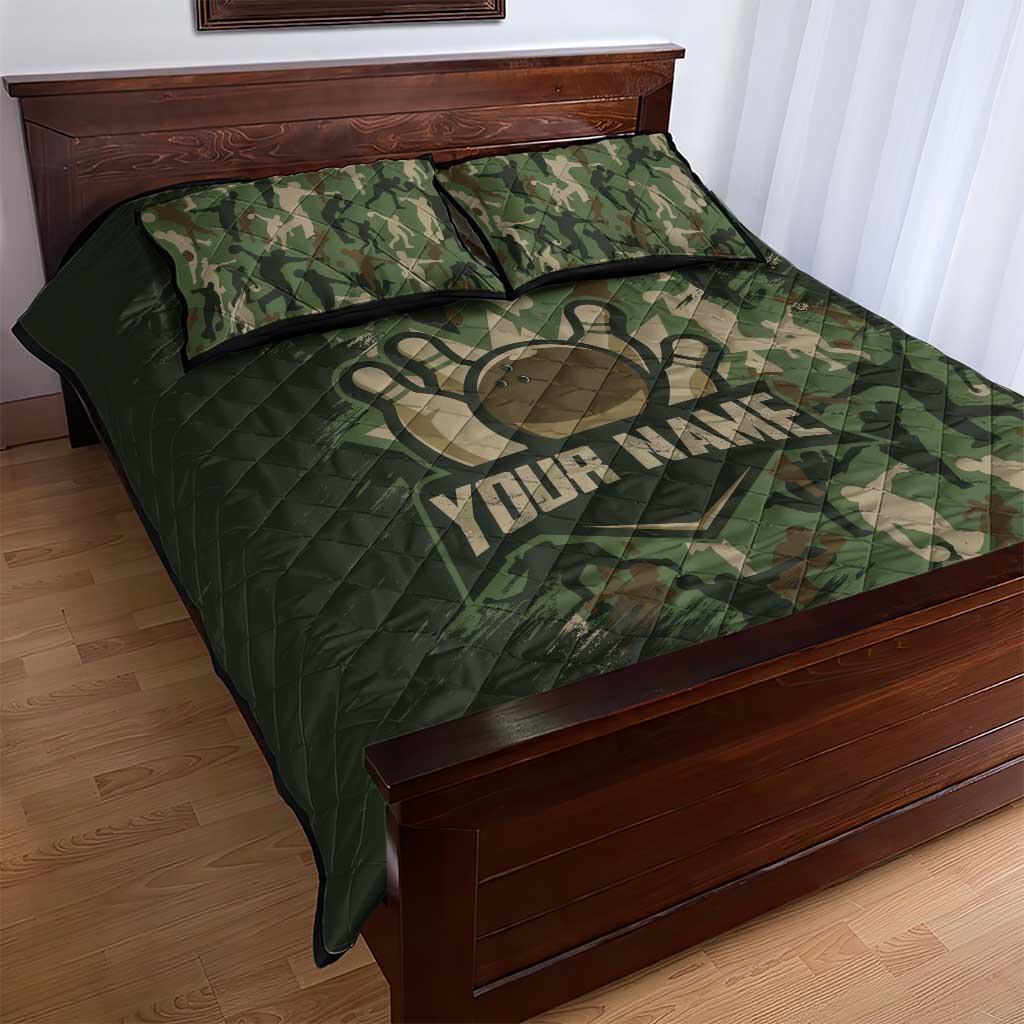 Bowling Camouflage Pattern Quilt Bed Set with Ball and Pins Graphic in Army Green and Beige Brushstroke Design - Wonder Print Shop