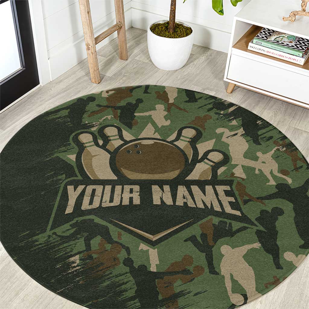 Bowling Camouflage Pattern Round Carpet with Ball and Pins Graphic in Army Green and Beige Brushstroke Design - Wonder Print Shop