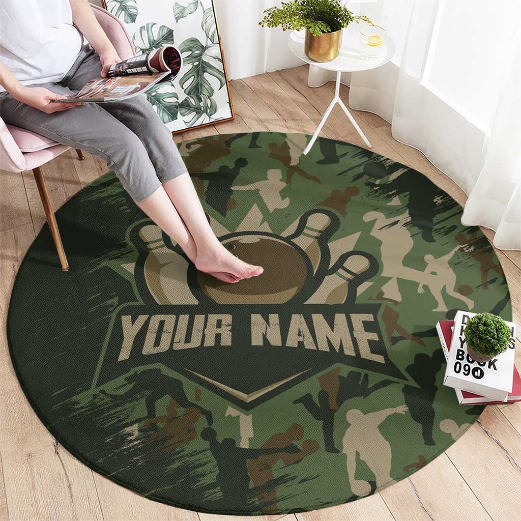 Bowling Camouflage Pattern Round Carpet with Ball and Pins Graphic in Army Green and Beige Brushstroke Design - Wonder Print Shop
