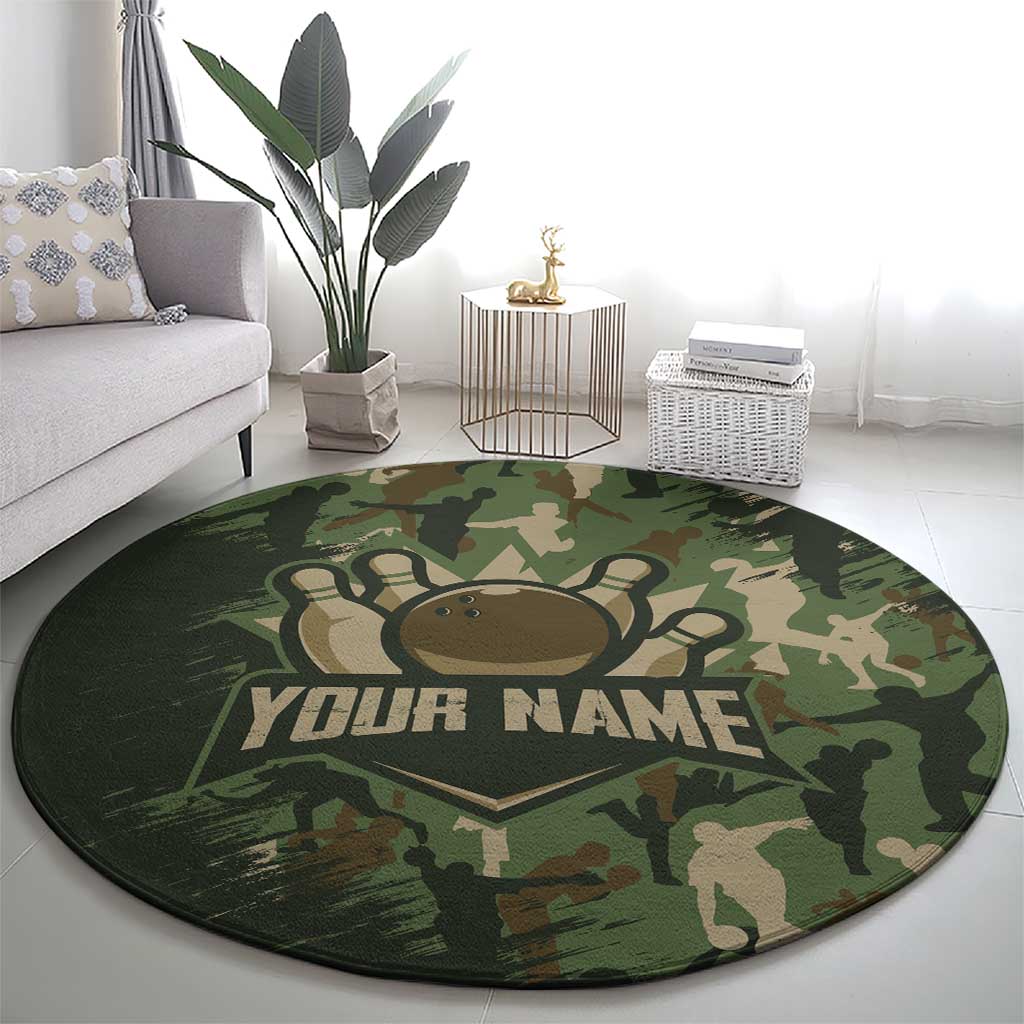 Bowling Camouflage Pattern Round Carpet with Ball and Pins Graphic in Army Green and Beige Brushstroke Design - Wonder Print Shop