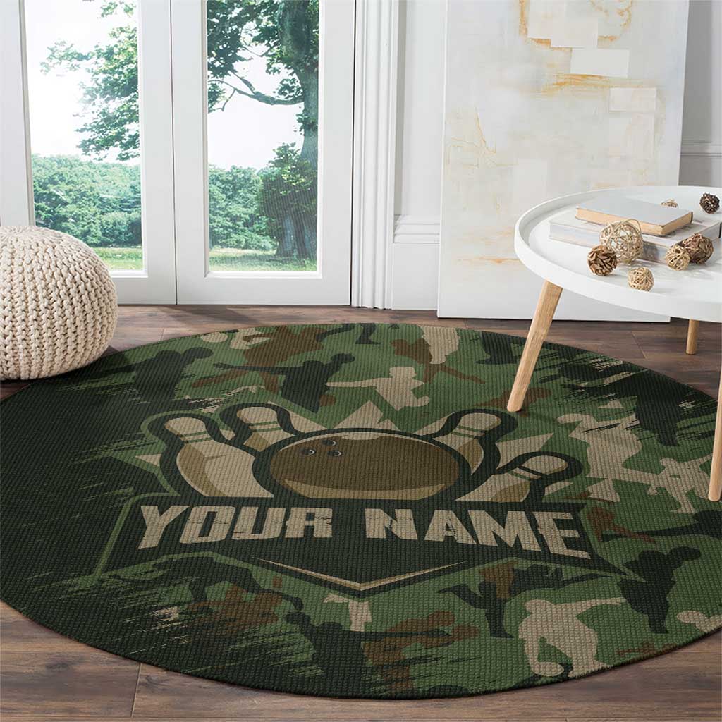 Bowling Camouflage Pattern Round Carpet with Ball and Pins Graphic in Army Green and Beige Brushstroke Design - Wonder Print Shop