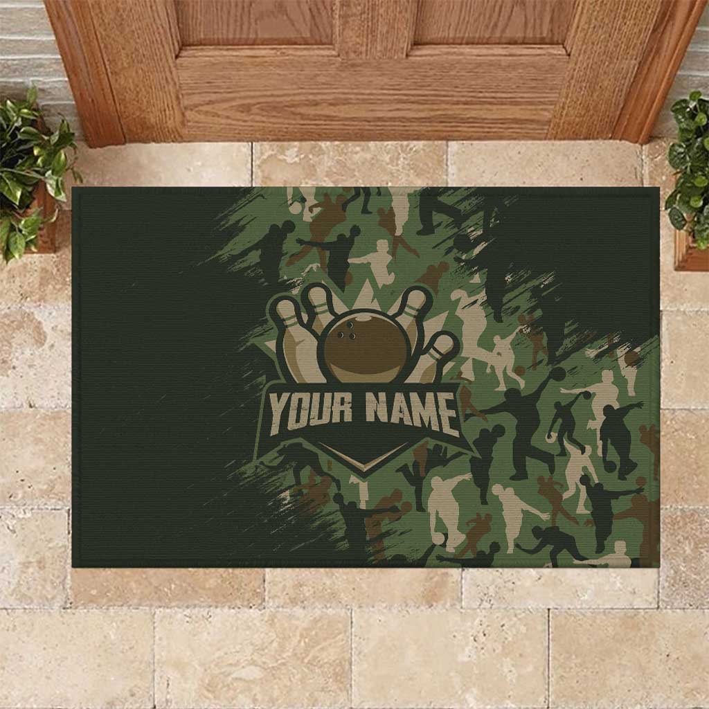 Bowling Camouflage Pattern Rubber Doormat with Ball and Pins Graphic in Army Green and Beige Brushstroke Design - Wonder Print Shop