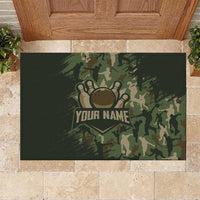 Bowling Camouflage Pattern Rubber Doormat with Ball and Pins Graphic in Army Green and Beige Brushstroke Design - Wonder Print Shop