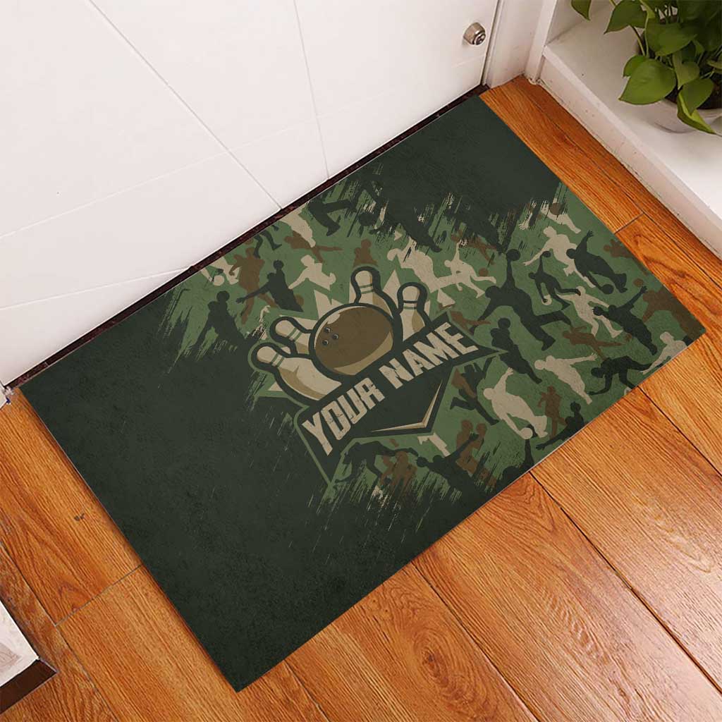 Bowling Camouflage Pattern Rubber Doormat with Ball and Pins Graphic in Army Green and Beige Brushstroke Design - Wonder Print Shop