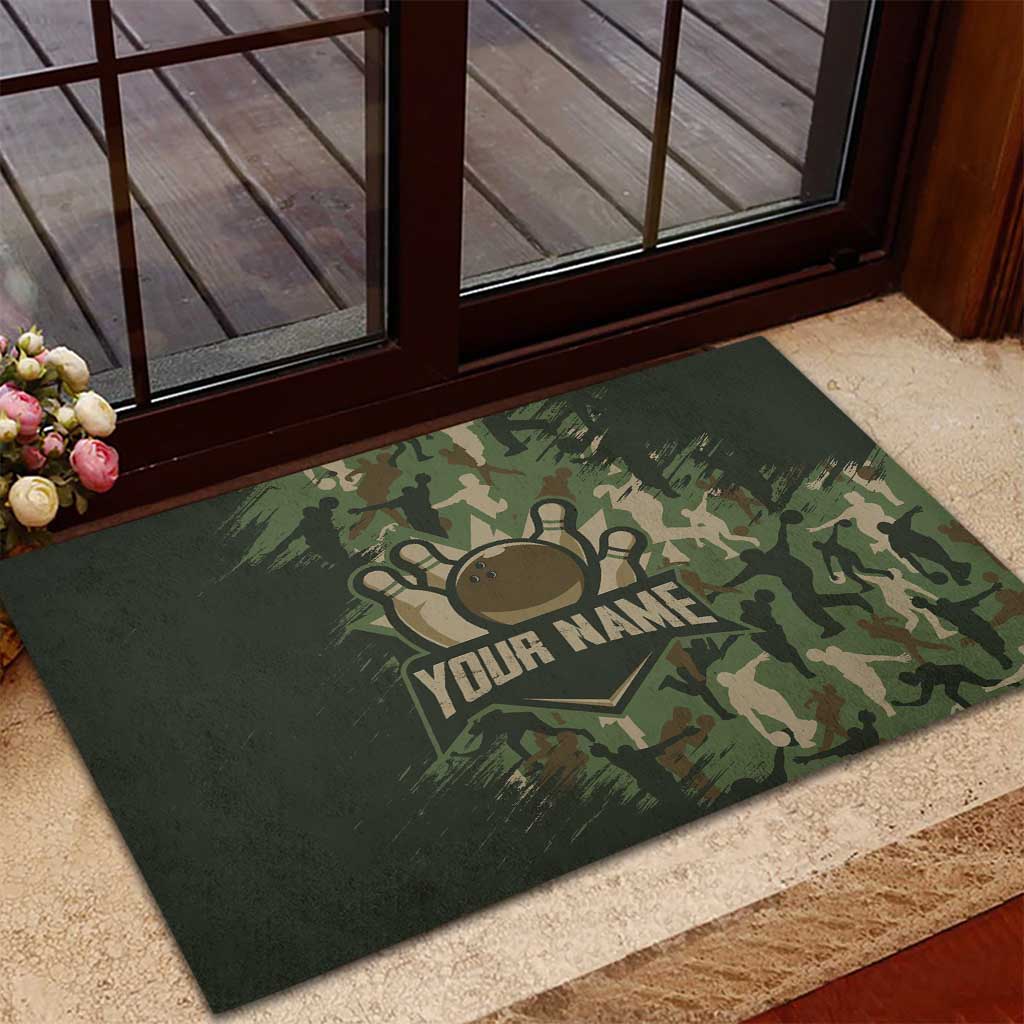 Bowling Camouflage Pattern Rubber Doormat with Ball and Pins Graphic in Army Green and Beige Brushstroke Design - Wonder Print Shop