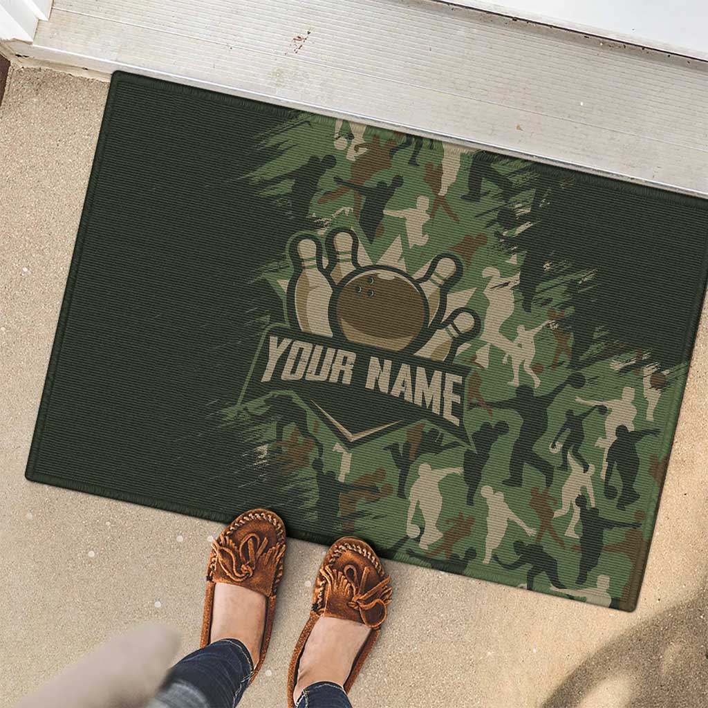 Bowling Camouflage Pattern Rubber Doormat with Ball and Pins Graphic in Army Green and Beige Brushstroke Design - Wonder Print Shop