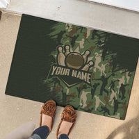 Bowling Camouflage Pattern Rubber Doormat with Ball and Pins Graphic in Army Green and Beige Brushstroke Design - Wonder Print Shop
