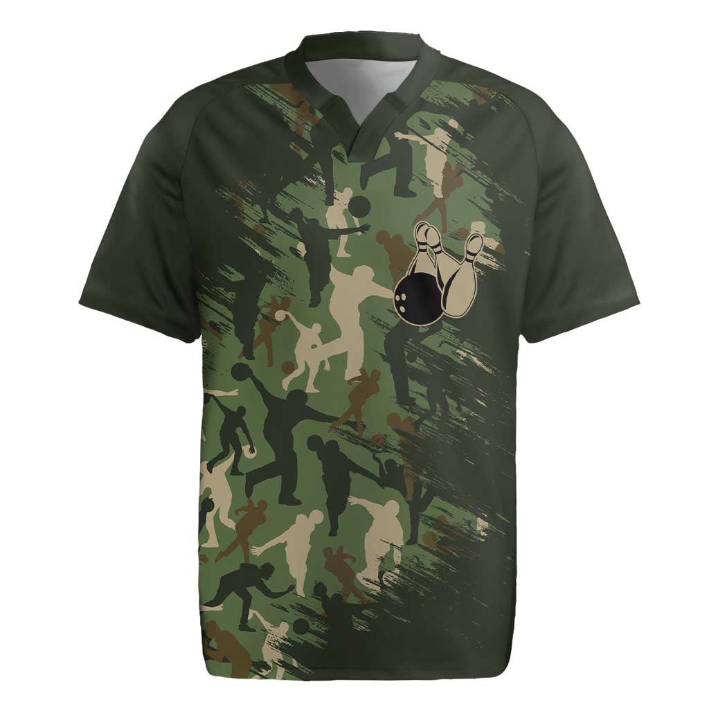 Bowling Camouflage Pattern Rugby Jersey with Ball and Pins Graphic in Army Green and Beige Brushstroke Design - Wonder Print Shop