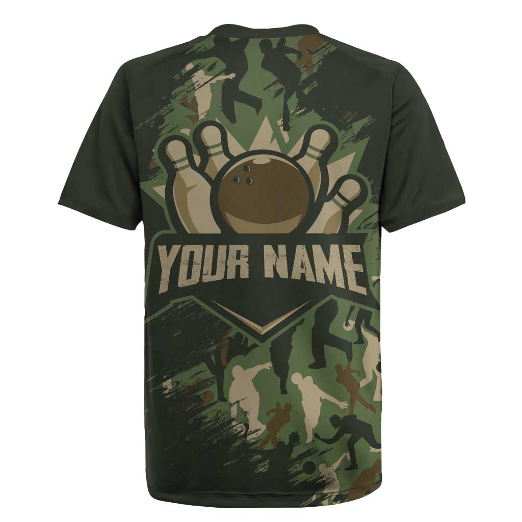 Bowling Camouflage Pattern Rugby Jersey with Ball and Pins Graphic in Army Green and Beige Brushstroke Design - Wonder Print Shop