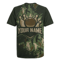 Bowling Camouflage Pattern Rugby Jersey with Ball and Pins Graphic in Army Green and Beige Brushstroke Design - Wonder Print Shop