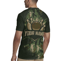 Bowling Camouflage Pattern Rugby Jersey with Ball and Pins Graphic in Army Green and Beige Brushstroke Design - Wonder Print Shop