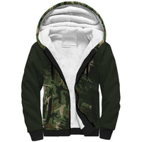 Bowling Camouflage Pattern Sherpa Hoodie with Ball and Pins Graphic in Army Green and Beige Brushstroke Design - Wonder Print Shop