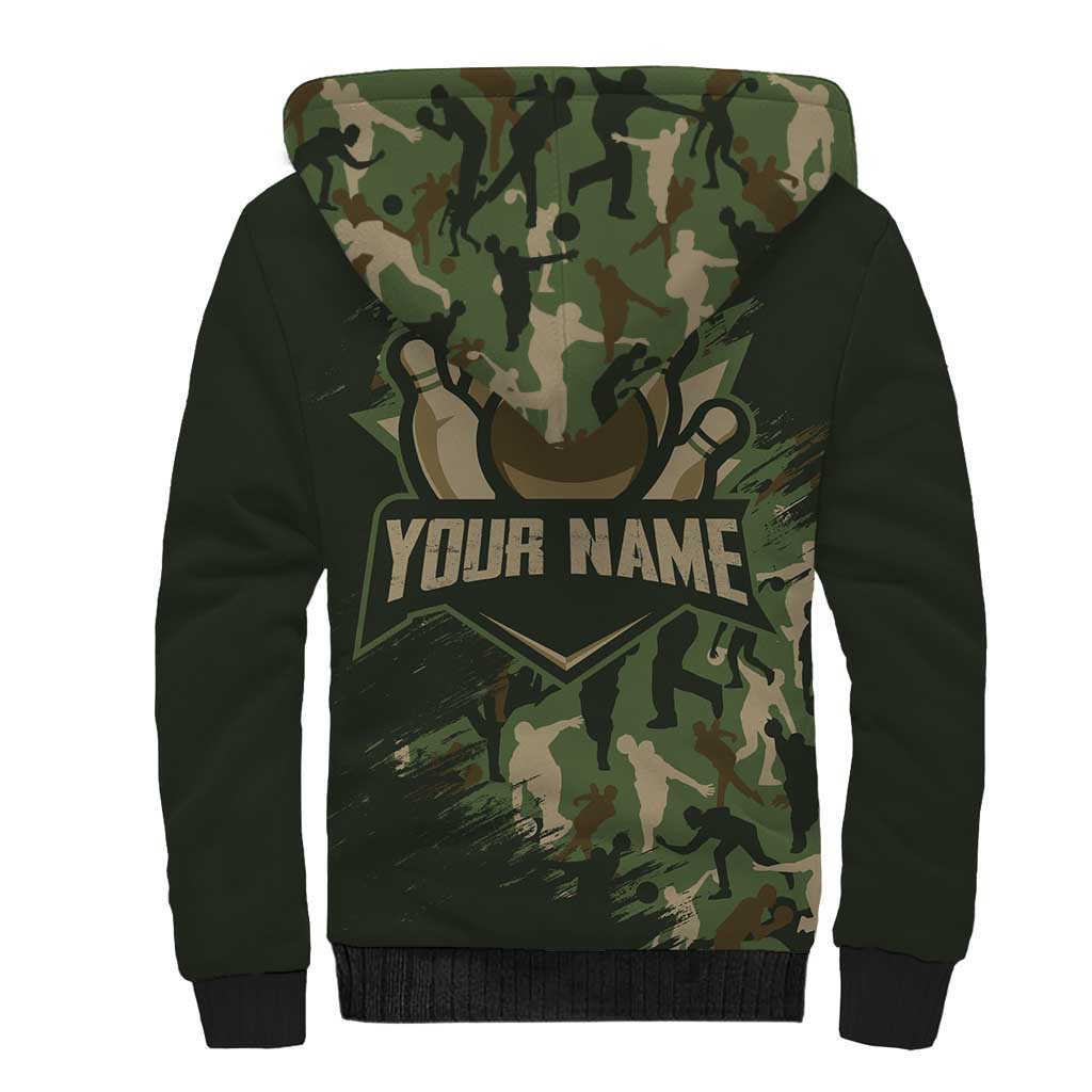 Bowling Camouflage Pattern Sherpa Hoodie with Ball and Pins Graphic in Army Green and Beige Brushstroke Design - Wonder Print Shop