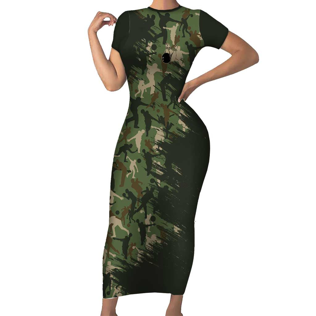 Bowling Camouflage Pattern Short Sleeve Bodycon Dress with Ball and Pins Graphic in Army Green and Beige Brushstroke Design - Wonder Print Shop