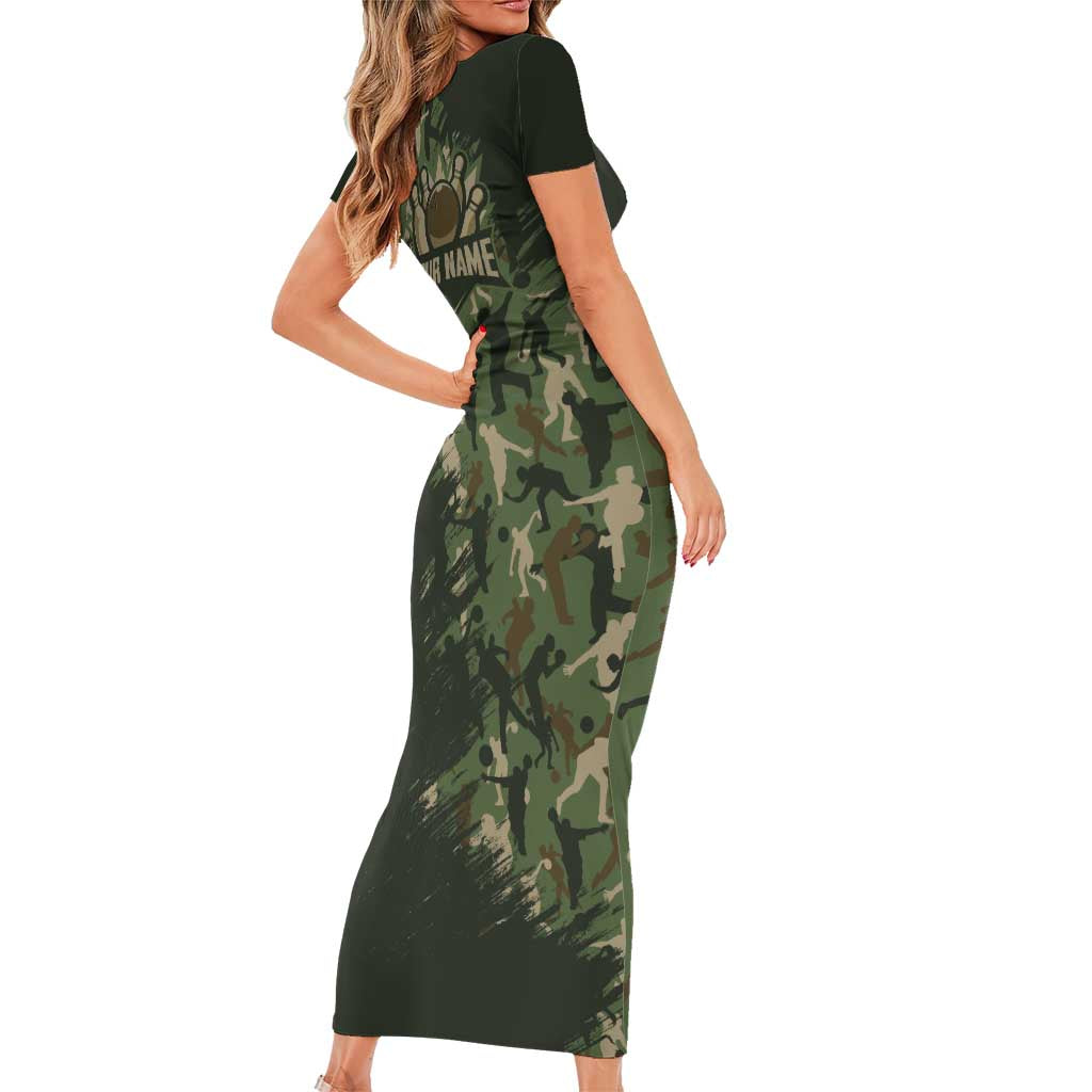 Bowling Camouflage Pattern Short Sleeve Bodycon Dress with Ball and Pins Graphic in Army Green and Beige Brushstroke Design - Wonder Print Shop
