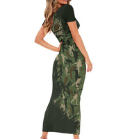 Bowling Camouflage Pattern Short Sleeve Bodycon Dress with Ball and Pins Graphic in Army Green and Beige Brushstroke Design - Wonder Print Shop