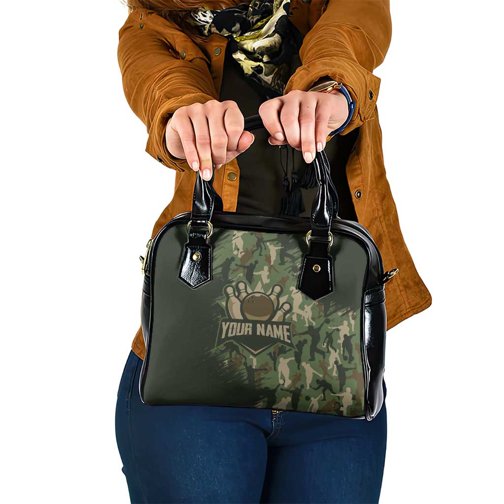 Bowling Camouflage Pattern Shoulder Handbag with Ball and Pins Graphic in Army Green and Beige Brushstroke Design - Wonder Print Shop