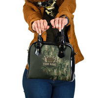 Bowling Camouflage Pattern Shoulder Handbag with Ball and Pins Graphic in Army Green and Beige Brushstroke Design - Wonder Print Shop