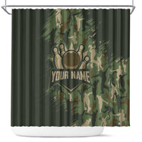 Bowling Camouflage Pattern Shower Curtain with Ball and Pins Graphic in Army Green and Beige Brushstroke Design - Wonder Print Shop