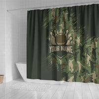 Bowling Camouflage Pattern Shower Curtain with Ball and Pins Graphic in Army Green and Beige Brushstroke Design - Wonder Print Shop