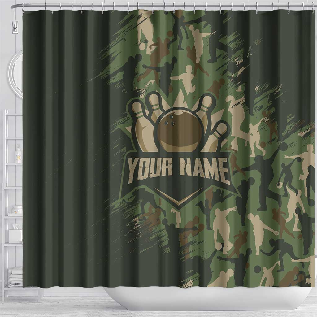 Bowling Camouflage Pattern Shower Curtain with Ball and Pins Graphic in Army Green and Beige Brushstroke Design - Wonder Print Shop