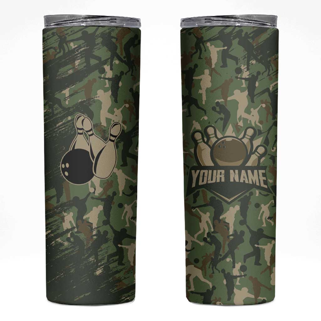 Bowling Camouflage Pattern Skinny Tumbler with Ball and Pins Graphic in Army Green and Beige Brushstroke Design - Wonder Print Shop