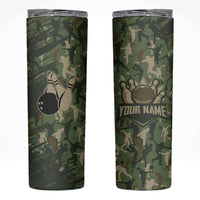 Bowling Camouflage Pattern Skinny Tumbler with Ball and Pins Graphic in Army Green and Beige Brushstroke Design - Wonder Print Shop