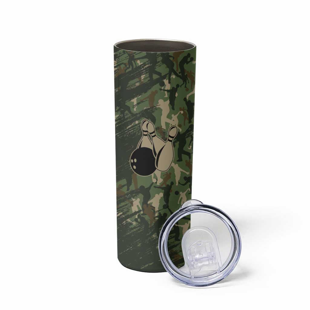 Bowling Camouflage Pattern Skinny Tumbler with Ball and Pins Graphic in Army Green and Beige Brushstroke Design - Wonder Print Shop