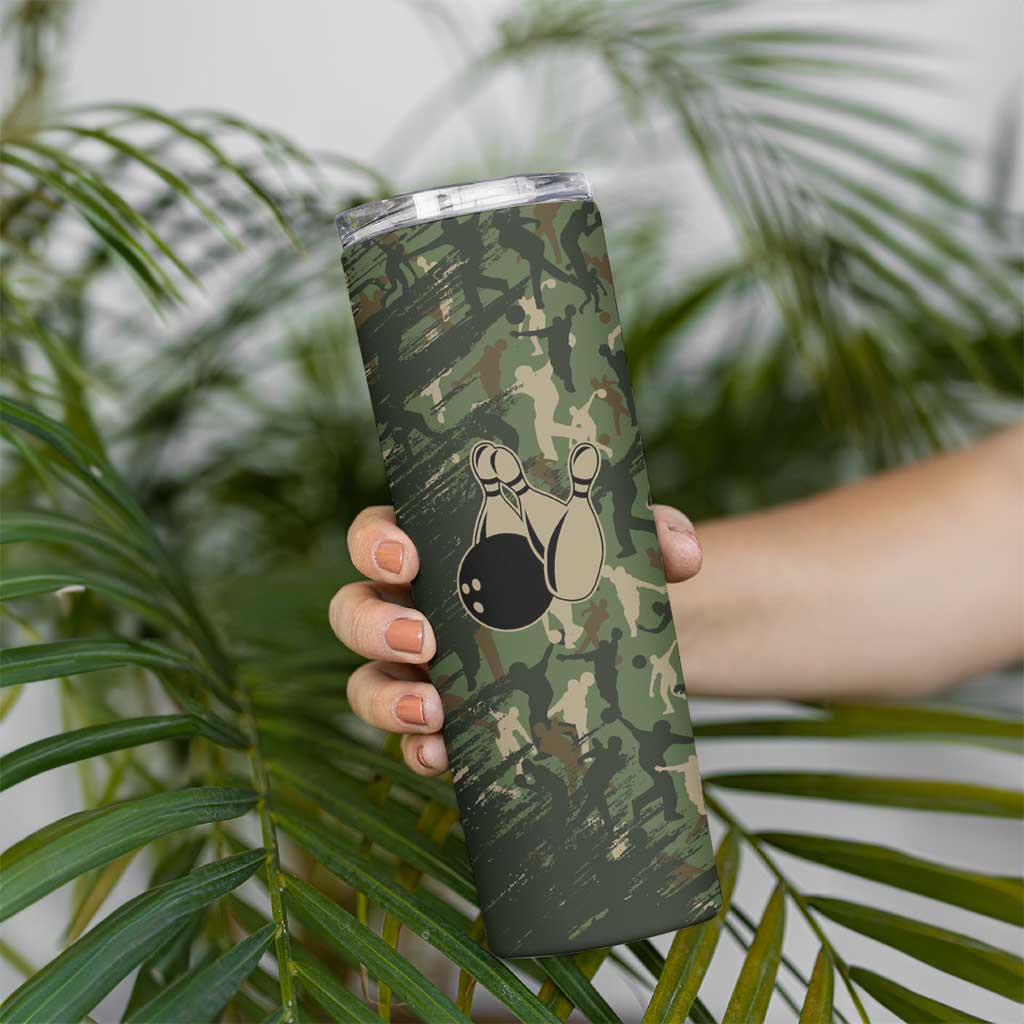 Bowling Camouflage Pattern Skinny Tumbler with Ball and Pins Graphic in Army Green and Beige Brushstroke Design - Wonder Print Shop