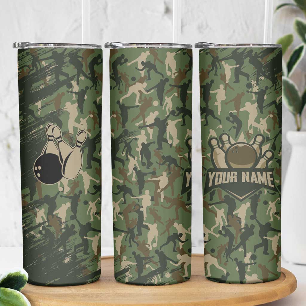 Bowling Camouflage Pattern Skinny Tumbler with Ball and Pins Graphic in Army Green and Beige Brushstroke Design - Wonder Print Shop