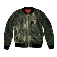 Bowling Camouflage Pattern Sleeve Zip Bomber Jacket with Ball and Pins Graphic in Army Green and Beige Brushstroke Design - Wonder Print Shop