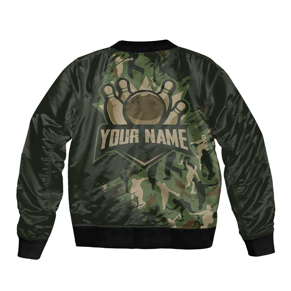 Bowling Camouflage Pattern Sleeve Zip Bomber Jacket with Ball and Pins Graphic in Army Green and Beige Brushstroke Design - Wonder Print Shop