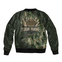 Bowling Camouflage Pattern Sleeve Zip Bomber Jacket with Ball and Pins Graphic in Army Green and Beige Brushstroke Design - Wonder Print Shop
