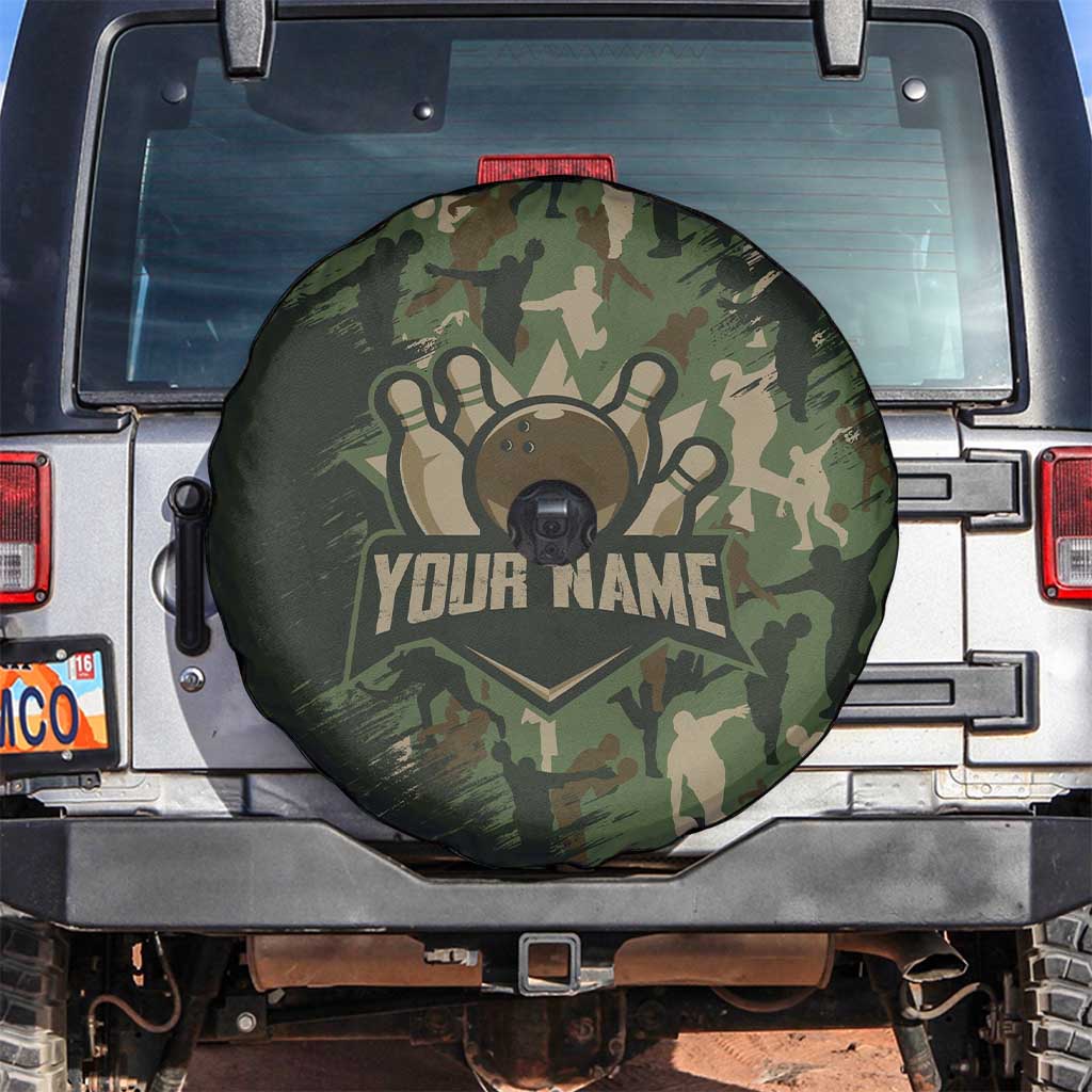 Bowling Camouflage Pattern Spare Tire Cover with Ball and Pins Graphic in Army Green and Beige Brushstroke Design - Wonder Print Shop
