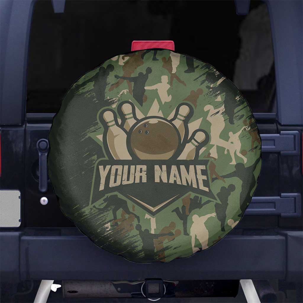 Bowling Camouflage Pattern Spare Tire Cover with Ball and Pins Graphic in Army Green and Beige Brushstroke Design - Wonder Print Shop