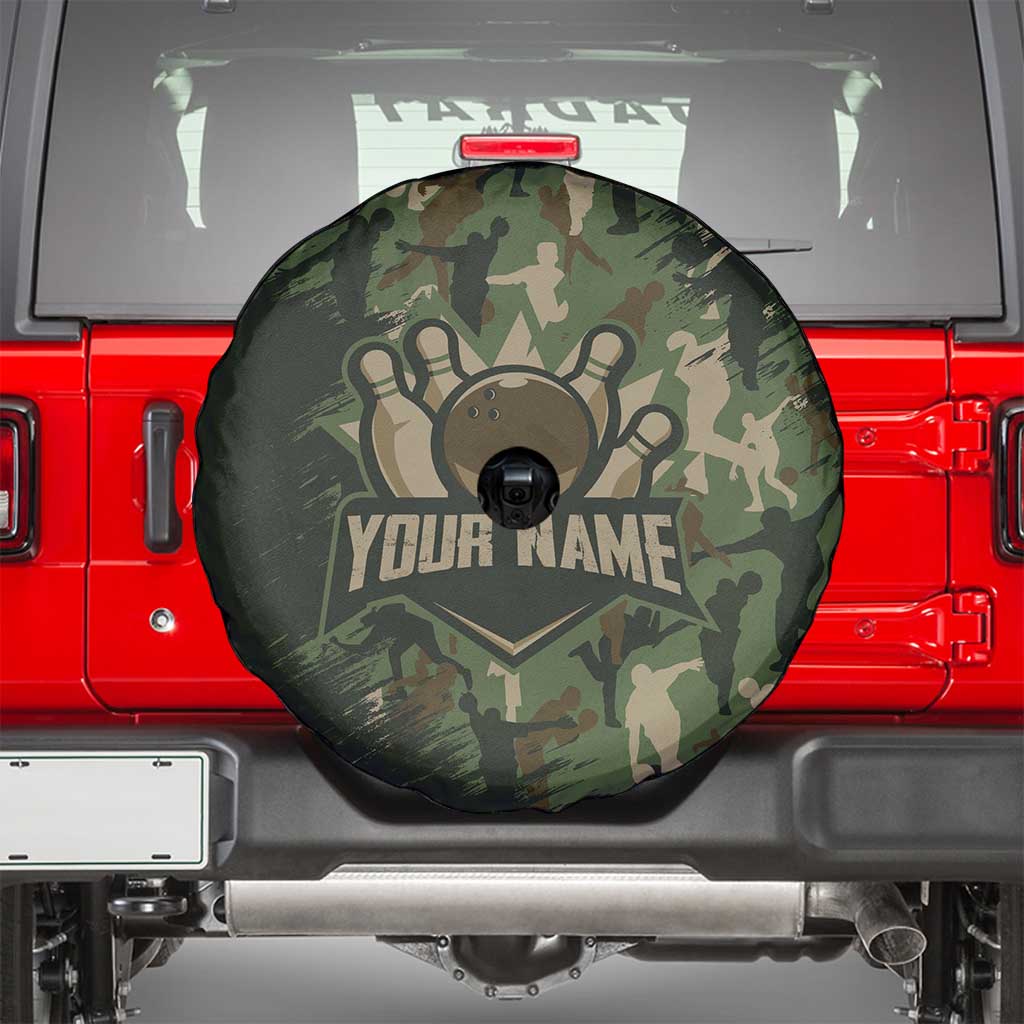 Bowling Camouflage Pattern Spare Tire Cover with Ball and Pins Graphic in Army Green and Beige Brushstroke Design - Wonder Print Shop