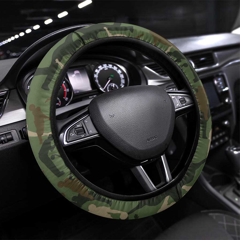 Bowling Camouflage Pattern Steering Wheel Cover with Ball and Pins Graphic in Army Green and Beige Brushstroke Design - Wonder Print Shop