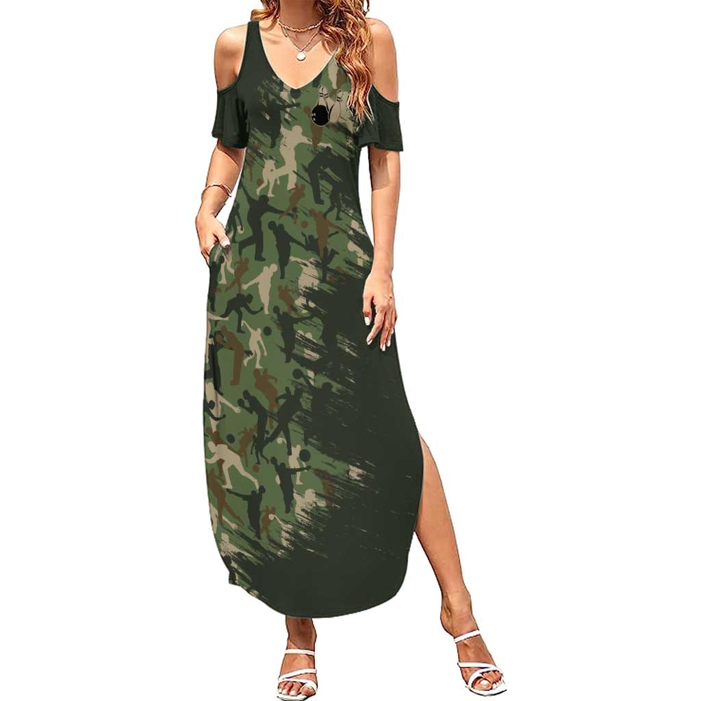 Bowling Camouflage Pattern Summer Maxi Dress with Ball and Pins Graphic in Army Green and Beige Brushstroke Design - Wonder Print Shop
