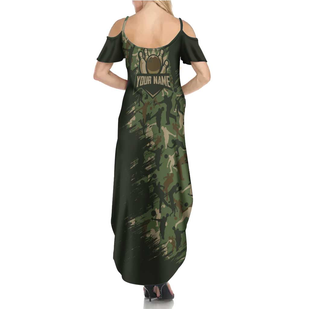 Bowling Camouflage Pattern Summer Maxi Dress with Ball and Pins Graphic in Army Green and Beige Brushstroke Design - Wonder Print Shop