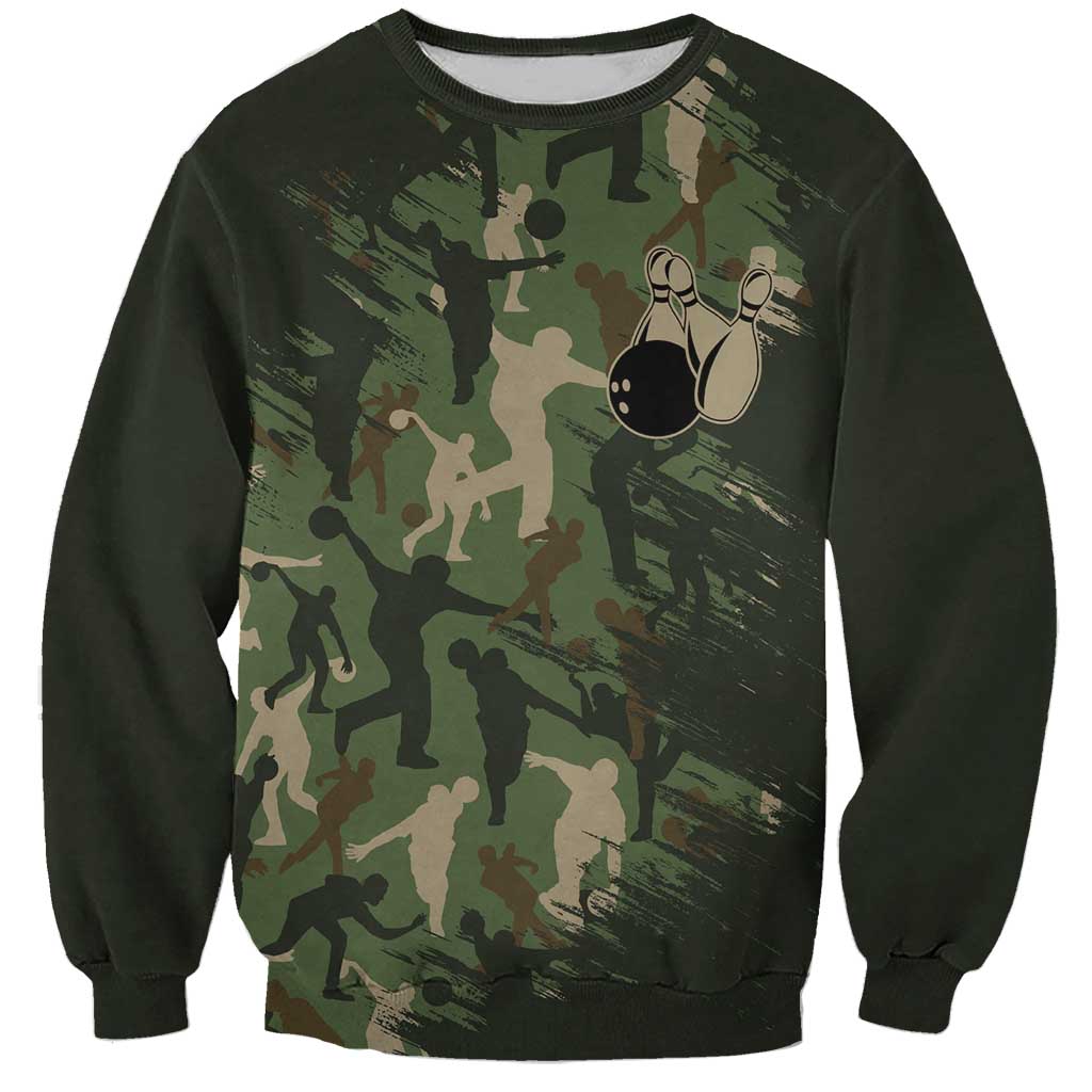 Bowling Camouflage Pattern Sweatshirt with Ball and Pins Graphic in Army Green and Beige Brushstroke Design - Wonder Print Shop
