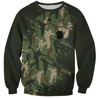 Bowling Camouflage Pattern Sweatshirt with Ball and Pins Graphic in Army Green and Beige Brushstroke Design - Wonder Print Shop