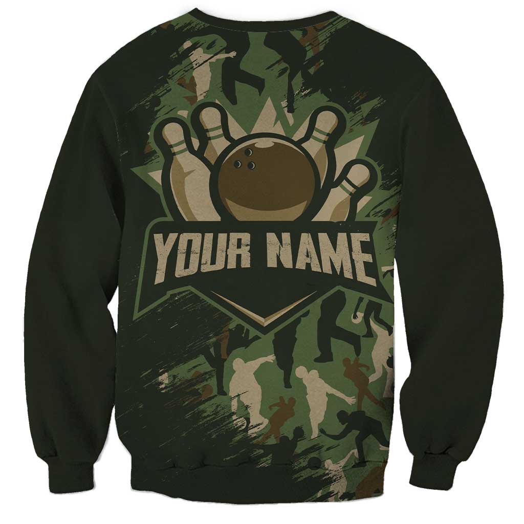 Bowling Camouflage Pattern Sweatshirt with Ball and Pins Graphic in Army Green and Beige Brushstroke Design - Wonder Print Shop