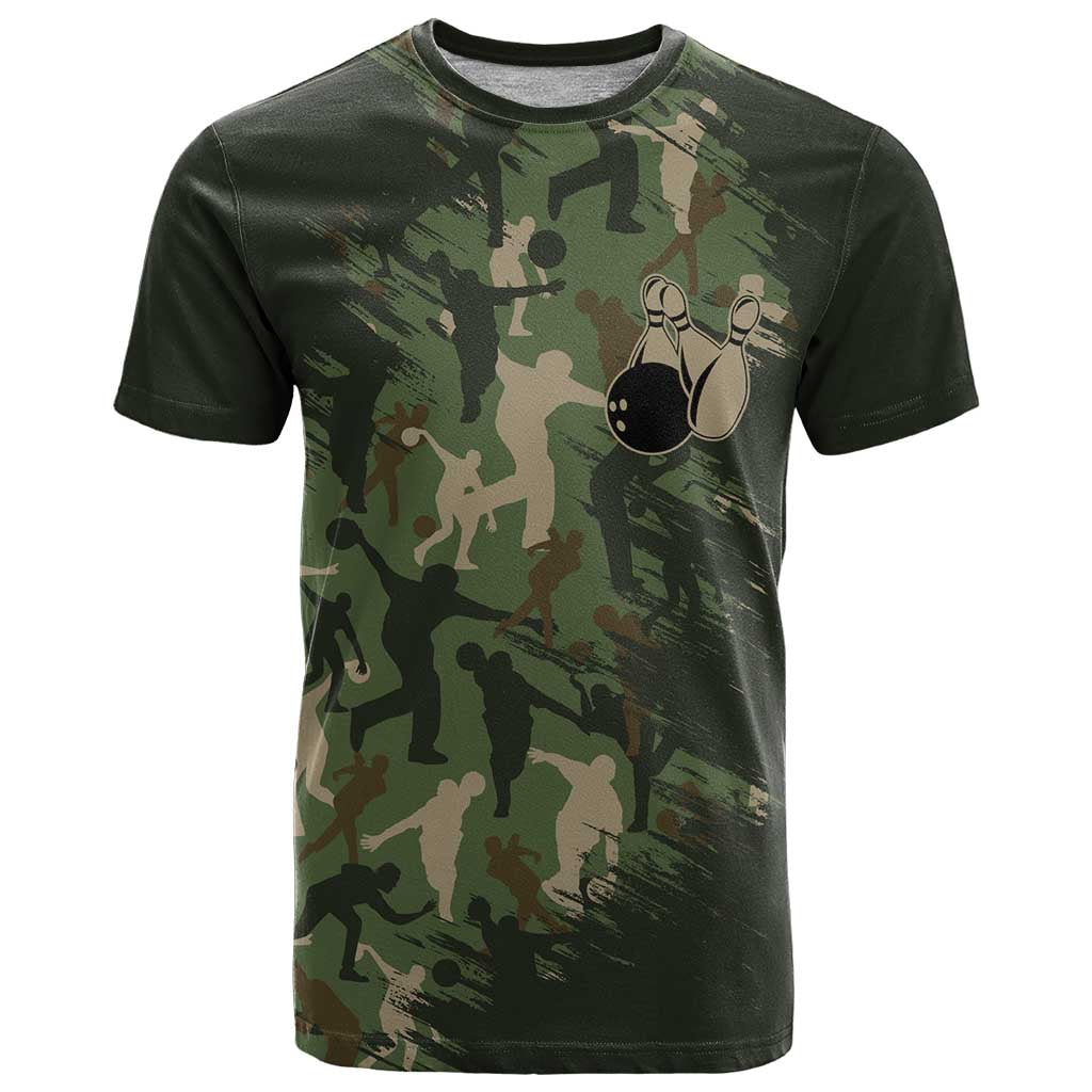 Bowling Camouflage Pattern T Shirt with Ball and Pins Graphic in Army Green and Beige Brushstroke Design - Wonder Print Shop