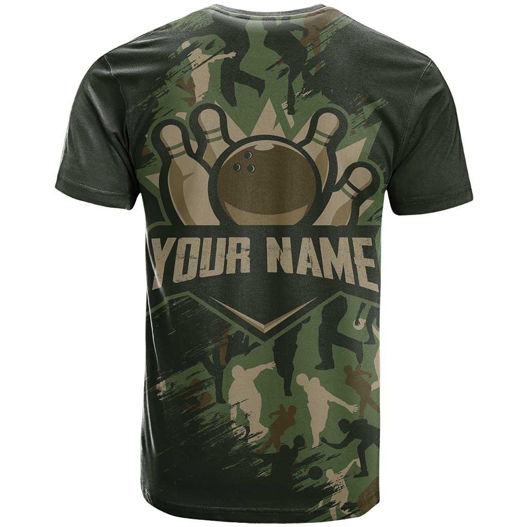 Bowling Camouflage Pattern T Shirt with Ball and Pins Graphic in Army Green and Beige Brushstroke Design - Wonder Print Shop